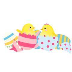 stock vector illustration on a white background. two chickens hatched from the color easter eggs. A newborn farm chicken. Little hen. The celebration of Easter.
