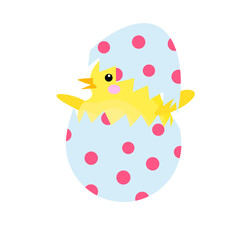 stock vector illustration on a white background. the chicken hatched from the spot color easter egg. A newborn farm chicken. Little hen. The celebration of Easter.