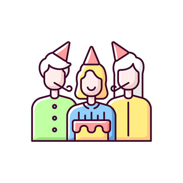 Birthday Party RGB Color Icon. Surprise Celebration For Children. Special Occasion For Anniversary Congratulation. Greeting Event To Friends, Family Member. Isolated Vector Illustration