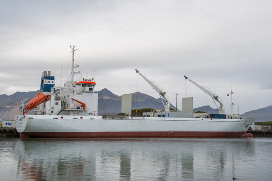 Cargo vessel alma in port of Hornafjordur in south Iceland
