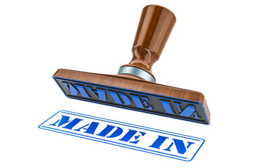 Made in stamp. Wooden stamper, seal with text made in, 3D rendering
