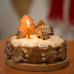 christmas cake with a house and trees