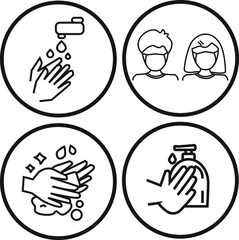  Wear mask Wash hands Keep social distance Stay home Medical precaution alcohol gel icon