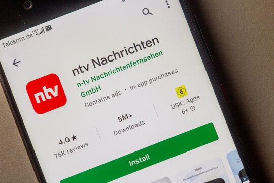 Neckargemuend, Germany: January 15, 2021: app icon of "n-tv", a private German free-to-air television news channel in the google app store on phone screen top view, Illustrative Editorial.