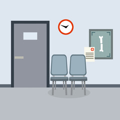 Empty Medical office. Corridor in the hospital building. X-ray of broken leg bone. The seat and door. Providing medical care. Health problem. Cartoon flat illustration
