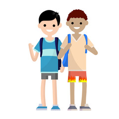 Two student friend with backpacks. Men in shorts. A vacation in the summer season. trip and hike. Multicultural friends. Lucky guys. Cartoon flat illustration