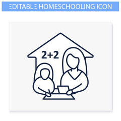 Mathematics lesson line icon. Child teaches math with his mother. Home education concept. Distance learning and home teaching. Editable vector illustration