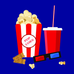 Illustration of popcorn bucket with cup of soda, cinema tickets and 3D glasses on the blue background