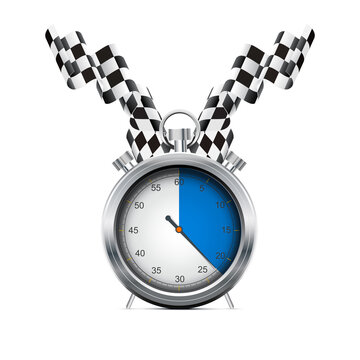 Fancy stopwatch with two waving checkered flags vector illustration for racing purposes. 