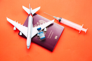 Concept for the worldwide travel in pandemic of COVID-19 coronavirus , vaccine to flight.