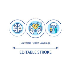 Universal health coverage concept icon. Access to needed health-related services idea thin line illustration. Ensuring social protection. Vector isolated outline RGB color drawing. Editable stroke