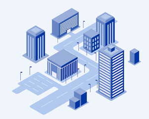 Illustration of the very light blue isometric city. The main road can be used for tracking, trips, and delivery services. Office buildings and light connection.Trendy flat vector illustration.