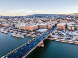 Fototapeta na wymiar Hungary - Beautiful snowy Budapest on a winter morning from drone view