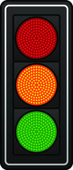 A set of LED traffic lights. All lights are shown on.