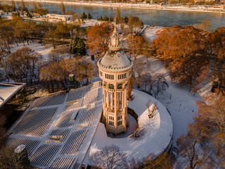Hungary - Beautiful snowy Budapest Margaret Island with the water tower on a winter morning from a...