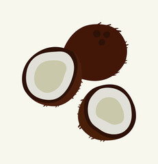 Vector illustration of coconut and half of coconut, on a beige background. Hand-drawn exotic fruits in bright colors. Suitable for illustrating healthy eating, recipes, local farm. 