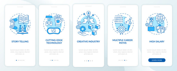 Game design industry benefits onboarding mobile app page screen with concepts. Creative industry walkthrough 5 steps graphic instructions. UI vector template with RGB color illustrations