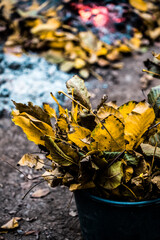 Burning. Autumn bonfire with smoke. Yellow leaves in the smoke.