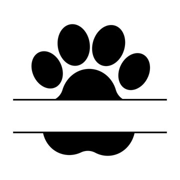 Cute black paw mark frame, monogram in cartoon style isolated on white background. Dog lover, care concept, stamp, icon. 