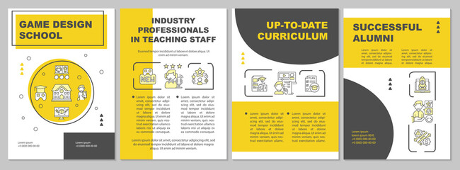 Game design school brochure template. Industry professionals, alumni. Flyer, booklet, leaflet print, cover design with linear icons. Vector layouts for magazines, annual reports, advertising posters