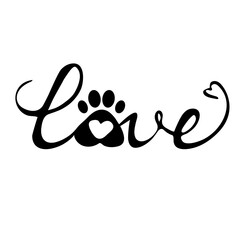 Text Love with heart shape, paw symbol isolated on white background. Creative dog lovers, print, poster. Positive animal care object. © Alyona