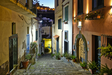 A narrow street at night in the town of Massa Lubrense in the province of Naples, Italy.