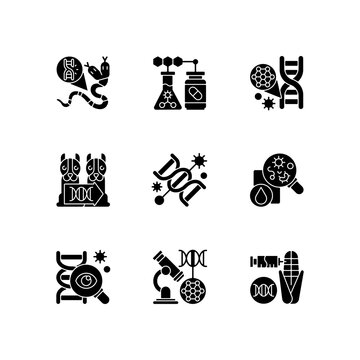 DNA structure experiment black glyph icons set on white space. Genetic mutation. Genetically modiheredityfied organism. Microbiology analysis. Silhouette symbols. Vector isolated illustration