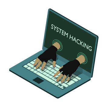 Impudent hacker is stealing data from laptop. Hands from screen are hacking a laptop in isometric.