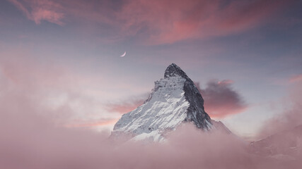 view to the majestic Matterhorn mountain with crescent moon in the evening mood. - obrazy, fototapety, plakaty