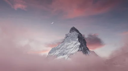Fotobehang view to the majestic Matterhorn mountain with crescent moon in the evening mood. © Brilliant Eye