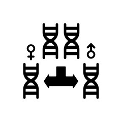 Chromosome division black glyph icon. Genetic engineering. Gene helix. Male and female chromosome. Human reproduction. Science analysis. Silhouette symbol on white space. Vector isolated illustration