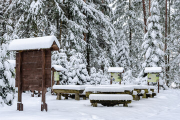 Tables covered by snow in winter. Forest classroom.