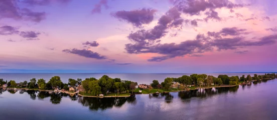 Fotobehang Aerial panorama of the Ceder Point peninsula at dusk, in Sandusky, Ohio, on the Erie lake. © mandritoiu