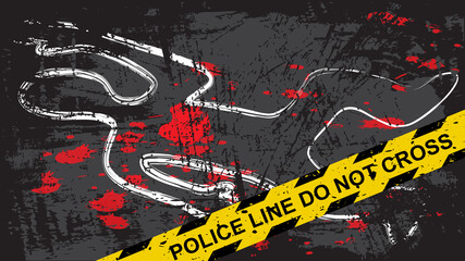 Crime scene with dead body and blood stains. Person chalk outline drawing on the asphalt. Grunge background with yellow tape with text "police line do not cross". Great for violence placard or banner.