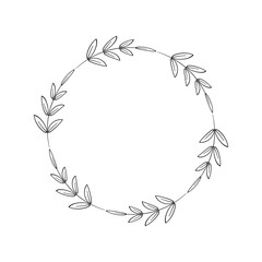 Frame of twigs with leaves. Simple round wreath, linear style. Floral border, decorative design element for logo, holiday decoration, invitation, wedding. Vector illustration of black color on white