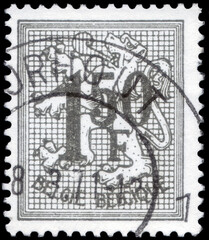 Postage stamp issued in Belgium the image of the Number on Heraldic Lion, circa 1969