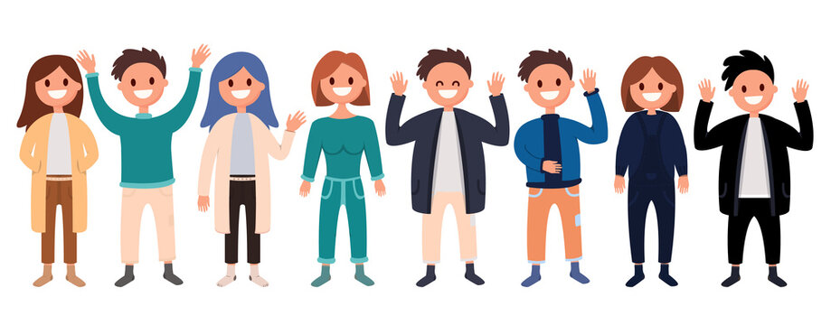 Group of young people girls and boys. Dressed in fashionable things, standing still, in socks, without shoes, everyone is smiling and happy. Set of 8 characters. Vector Illustrator