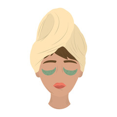 woman with towel in head apply mask and eye patches, care of skin daily routine