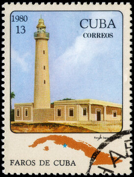 Postage stamp issued in the Cuba the image of the Lighthouse Jagua in Cienfuegos. From the series on Lighthouses, circa 1980