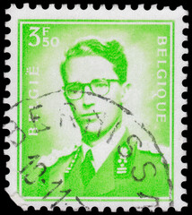 Postage stamp issued in Belgium the image of the King Baudouin I, 1930-1993. From the series on King Baudouin Type Marchand, circa 1958