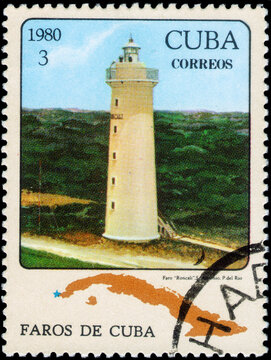 Postage stamp issued in the Cuba the image of the Lighthouse Roncali in San-Antonio. From the series on Lighthouses, circa 1980
