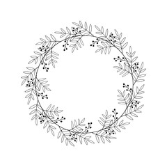 Circle with leaves, branches, berries. Floral round wreath, symmetrical pattern. Black border for logo, tag, invitation, greeting card, quote, wedding. Vector illustration isolated on white background