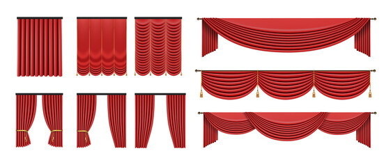 Red curtains set in classic style isolated on white background. Realistic 3d Luxury vector illustration.
