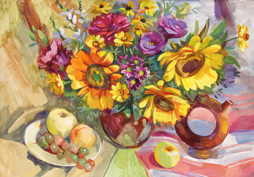 Still life in Ukrainian style with fruits and sunflowers. Gouache painting
