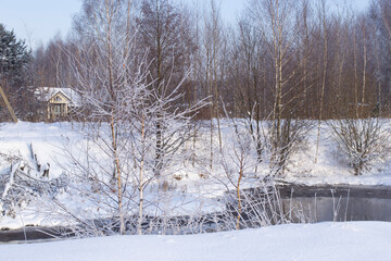 Winter landscape. Snow-covered bank of the Pekhorka river with trees and blue sky.