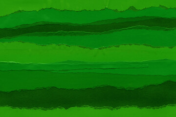 Green torn paper collage close-up. Texture made from various paper and cardboard parts. Damaged old paper background. Vintage blank wallpaper. Material design backdrop.