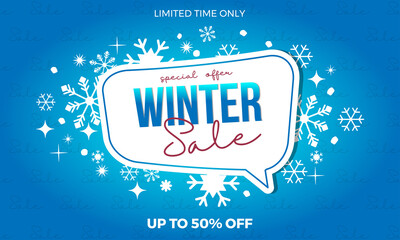 Winter sale banner illustration, snowflakes on abstract blue pattern background