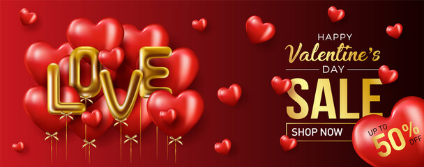 Happy valentines day vector banner greeting card with valentine elements like gift and hearts design in red background. Gold metallic text Love, realistic red balloons. Vector Illustration 