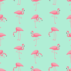 Seamless trendy tropical pattern with pink flamingo birds. Vector illustration - obrazy, fototapety, plakaty