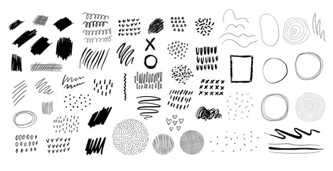 Set of ink black brush strokes spots dots isolated on white background. Black hand drawn inky lines and spots. Graphic decoration elements for your design. Vector illustration